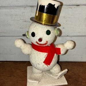 vintage paper mache mica snowman skiing figure vintage Christmas xmas decor
