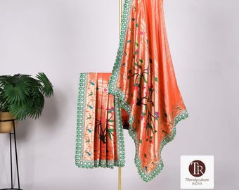 Dupatta de seda jacquard Paithani: tejido tradicional Zari, borde bordado
