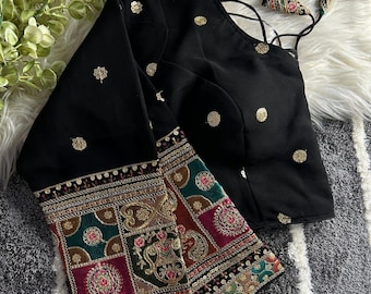 Blusa tipo sari de georgette: top tipo lehenga para boda con relleno y diseño dori con gancho en la espalda