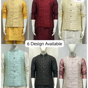 May include: Six different designs of men's waistcoats are displayed on mannequins. The waistcoats come in various colors, including yellow, burgundy, cream, light blue, black, and pink. Each waistcoat has a unique patterned design. The text "6 Design Available" is visible.