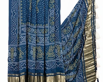 druk cyfrowy z czystego jedwabiu Ręcznie wykonana Bandhani Dupatta: Semi Gajji Jedwabna stuła z frędzlami