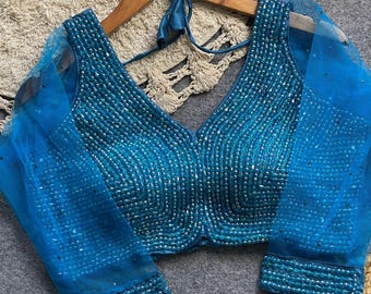 Handgemaakte parelgeborduurde zijden blouse - bruidsfeestkleding, maat 38/40