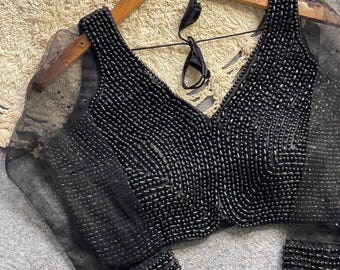 Handgemaakte parel geborduurde zijden blouse - vrijgezellenfeest, maat 38/40