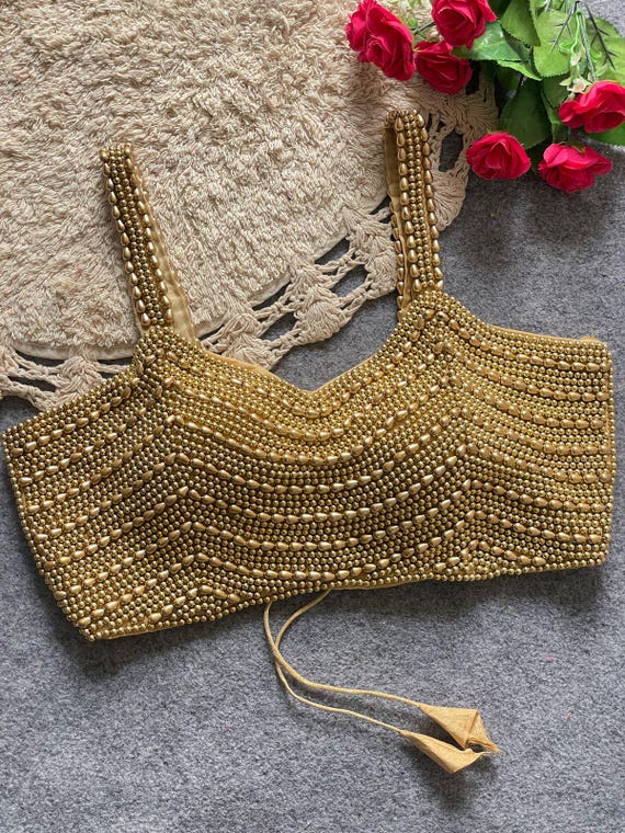 Gold Pearl Work Blouse: Sleeveless Padded Bridal Saree Top - Up to Size 44