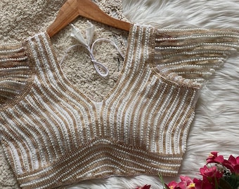 Handgemaakte zijden blouse met parelmotief: Indiase bruiloft bruidskleding maat 38-40