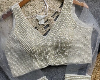Handgemaakte parel geborduurde zijden blouse - Bruidsfeestkleding