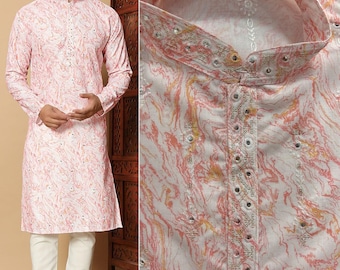 Linen Cotton Men’s Kurta Set | Printed with Embroidery Sequins Work | Kurta + Pyjama | Sizes 36–46 | Festival & Wedding Wear