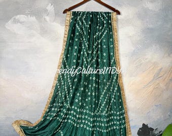 Groene Bandhej Leheriya Dupatta zijden kanten rand: traditionele trouwkleding, Navratri Dupatta