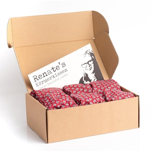 Könnte beinhalten: Ein offener Pappkarton mit mehreren rot gemusterten Kissen und einer bedruckten Karte. Die Kissen haben ein sich wiederholendes weißes Blumenmuster. Die Karte zeigt ein Schwarz-Weiß-Porträt und deutschen Text.