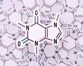 May include: A white sticker with a pink and blue chemical structure of caffeine. The sticker has the word "CAFFEINE" written in pink letters.