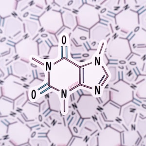 May include: A white sticker with a pink and blue chemical structure of caffeine. The sticker has the word "CAFFEINE" written in pink letters.