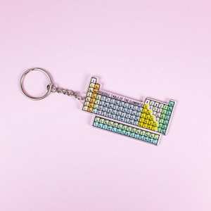 May include: A keychain featuring a colorful periodic table of the elements design. The keychain has a silver metal ring and chain. The periodic table is printed on a clear, rectangular acrylic charm. The text "PERIODIC TABLE OF THE ELEMENTS" is visible.