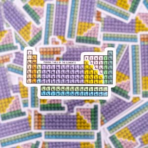 May include: A colourful periodic table of the elements sticker. The sticker is white with black outlines and features a colourful grid with the chemical symbols and atomic numbers of each element.