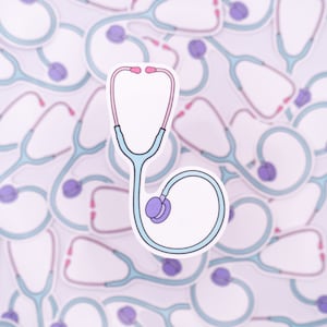 May include: A light blue stethoscope sticker with pink tubing and purple earpieces. The sticker is surrounded by other similar stickers.