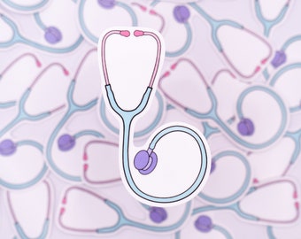 May include: A light blue stethoscope sticker with pink tubing and purple earpieces. The sticker is surrounded by other similar stickers.