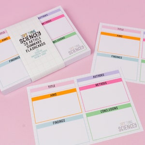 Tarjetas didácticas de resumen de artículos científicos - A6, 50, doble cara, 250GSM - Brillantes, coloridas, tarjetas de revisión, teoría, artículos, conceptos, examen