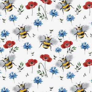 Bees & Poppies on Watercolour Paper Seamless Pattern, Digital Pattern, Repeat Pattern, Commercial Use, Fabric Design, Surface Pattern