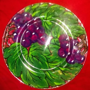Vintage Hand Painted Kig Crystal Plate With Grape Relief