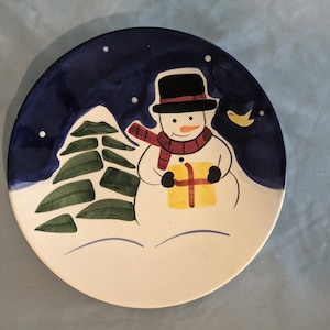 Stoneware Blue Snowman Christmas Plate