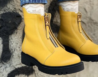 Adriana yellow boots , Boots with zip , Yellow fashion boots , Natural leather boots, Hand Made boots