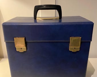 Vintage 1970’s Vinyl Record Storage Case , finished in blue and blach  leather look, Gold Hardware , Super  clean  example .