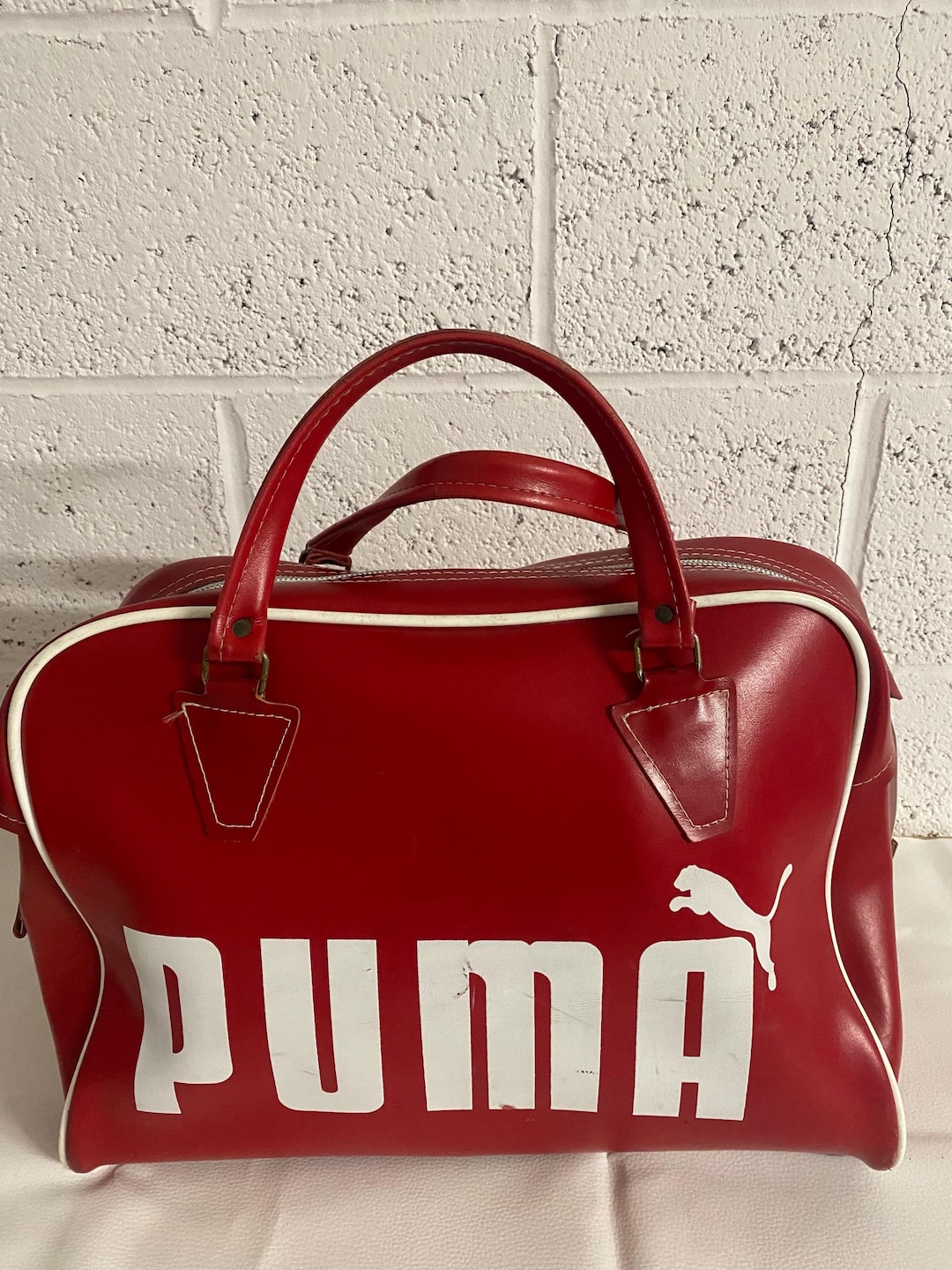 バッグ 90s Vintage Puma Leather Boston Bag Puma Boston Bag Bicolor Leather Red & Blue H9.8x15.3x6in Used
