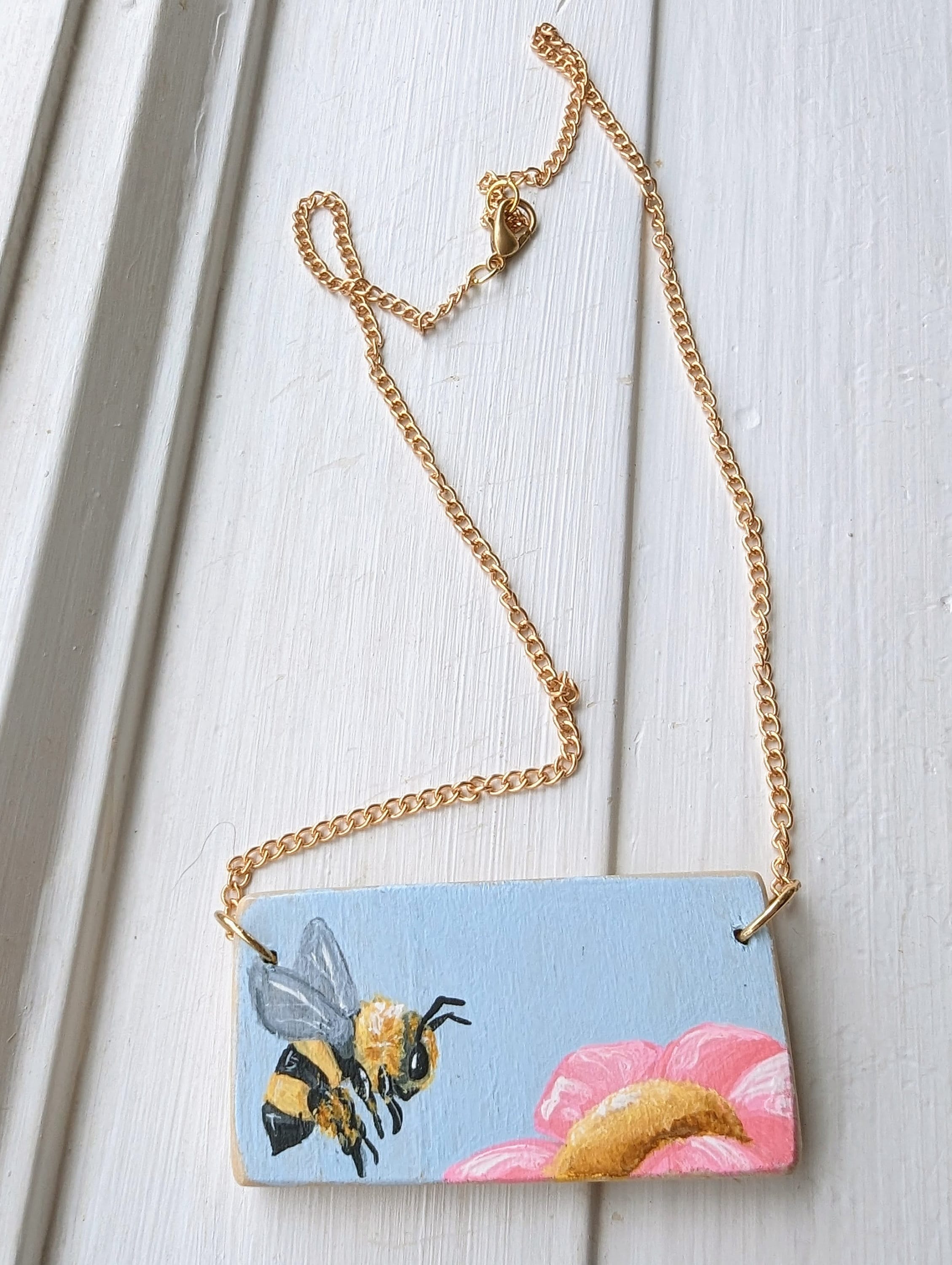 Hand Painted Wood Necklace "bee With Flower" - Etsy