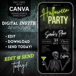 Digital halloween party invitation, halloween party invitation digital adult, digital download, canva template, digital invitation