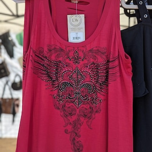 Red tank top with rhinestone fleur-de-lis