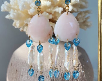 Pink opal rose cut cabochons, Swiss blue topaz faceted pears and Biwa freshwater pearls ear wires chandelier drop earrings