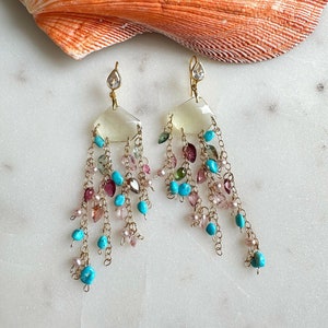 Yellow quartz, tourmaline, turquoise and lavender pearl, white topaz ear wire chandelier earrings