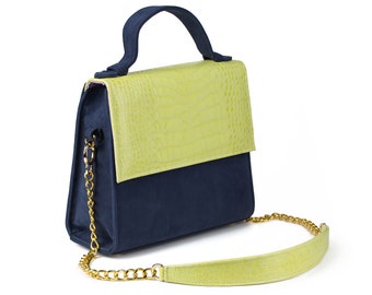 Neon Yellow Croc-Embossed and Blue Purple Suede Top-Handle Leather Bag with Shoulder Strap