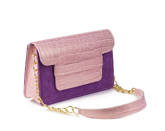 Pink Croc-Embossed and Violet Suede Leather Shoulder Bag