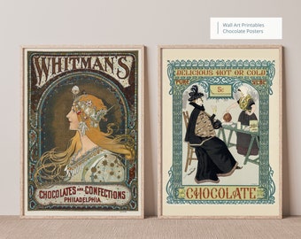 Carteles publicitarios de chocolate vintage, conjunto de arte de dos impresiones, archivos digitales JPEG, carteles de chocolate vintage, impresiones de arte, arte de pared imprimible.