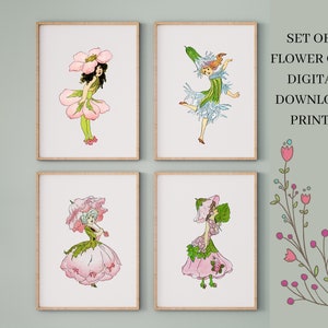 Blumenmädchen Vintage Art Set von vier Drucke, JPEG Druck digitale Dateien, Vintage Fee, Fantasy Art Prints, druckbare Wandkunst.