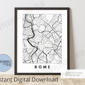 Art mural carte de Rome minimaliste, échelle noir et blanc, fichier de téléchargement numérique disponible en 10 tailles pour la maison, le bureau, l'étude, l'espace de travail.