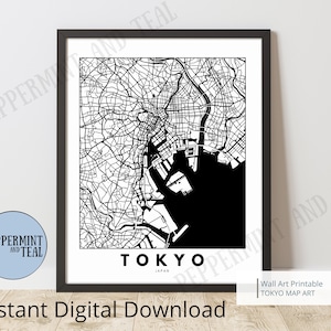 Minimalist Tokyo Map Wall Art, Black and White Scale, Digital Download File Available in 10 Sizes for Home, Office, Study, Workspace.