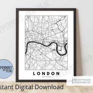 Minimalistische Londense kaartmuurkunst, zwart-witschaal, digitaal downloadbestand beschikbaar in 10 maten voor thuis, kantoor, studeerkamer en werkruimte.