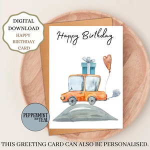 Druckbare Happy Birthday Grußkarte mit dem Titel 'Happy Birthday' | 17 x 5 Zoll Karte Digital Download | Süßes braunes Auto mit Ballon Design