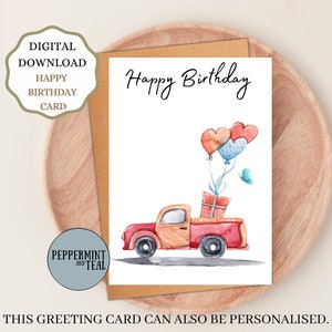 Afdrukbare gelukkige verjaardag wenskaart met titel 'Happy Birthday' | 7 x 5 inch kaart digitale download | Leuke rode vrachtwagen met ballonnen ontwerp