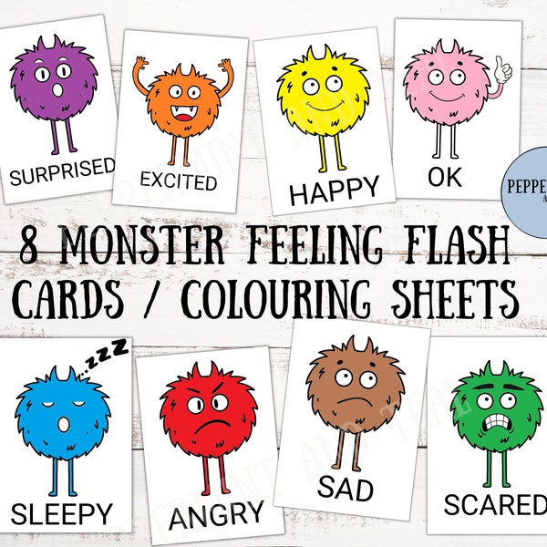 Printable ESL Props For Teaching, 8 Cute Feeling Monsters, For ESL Flashcards, Colouring Pages and Worksheets