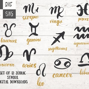 Set van 12 tekens van de dierenriem digitale downloads: SVG, PNG (transparant) EPS. Digitale downloadbestanden voor het snijden van Cricut/Silhouette.
