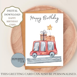 Afdrukbare gelukkige verjaardag wenskaart met titel 'Happy Birthday' | 7 x 5 inch kaart digitale download | Leuke rode bus met cadeau-ontwerp
