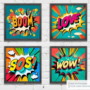 Comic Book Pop Art Poster, Pop Art Style, Street Art Lover, Kids Room,Set of four Prints,JPEG Digital Files,Printable Wall Art.