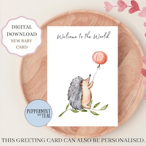Tarjeta de felicitación para bebé recién nacido imprimible con el título "Bienvenido al mundo" / Tarjeta de 7 x 5 pulgadas con descarga digital / Lindo diseño de erizo con globo