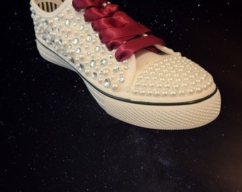 Pearl shoes, bridal sneakers, wedding sneakers, ribbon shoes, rhinestone shoes, bling sneakers