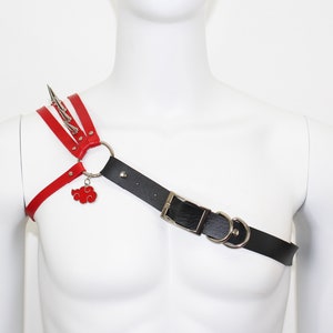 Puede incluir: Arnés de cuero rojo y negro con herrajes plateados. El arnés presenta una correa roja con púas plateadas, una correa negra con hebilla y un dije de nube roja.