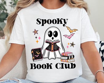 Spooky Book Club PNG Ghost Reading Books Design Ghost Bookshelf PNG Spooky Reading Shirt Deign Halloween Book Lover Png