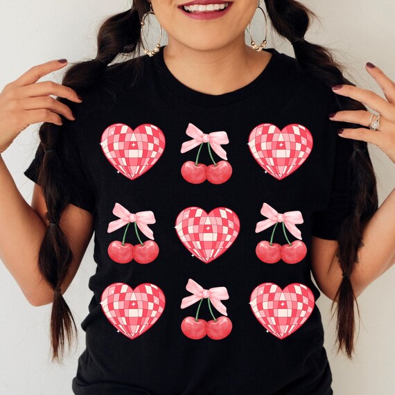 Coquette Valentines Png - Retro Heart Png - Cherry Coquette Png - Retro Valentines Png - Disco Hearts Png - Pink Bows Png - Coquette Bow Png