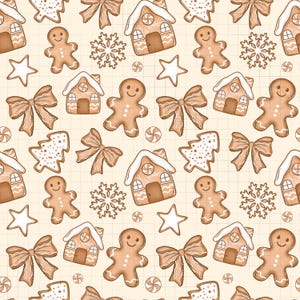 Peut inclure: Motif répété de biscuits en pain d'épices et décorations de Noël. Le motif comprend des bonhommes en pain d'épices, des maisons, des nœuds, des flocons de neige, des étoiles et des bonbons dans des tons de marron et de blanc sur fond crème.